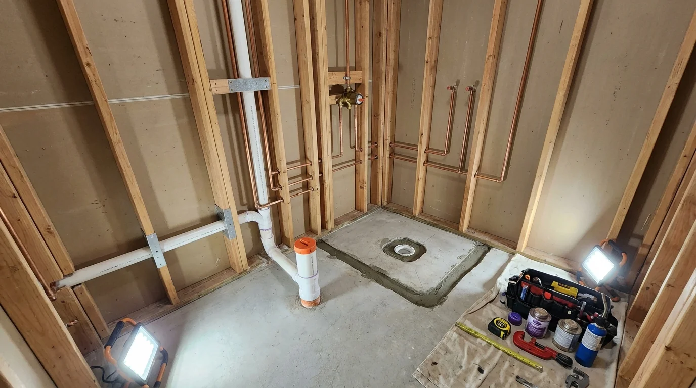 Bathroom rough-in plumbing during remodel by Johns Plumbing LLC in Vinton