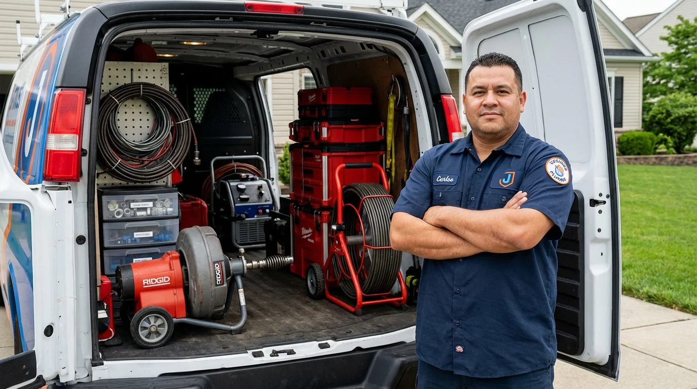 Professional drain cleaning equipment and Johns Plumbing LLC plumber in Vinton