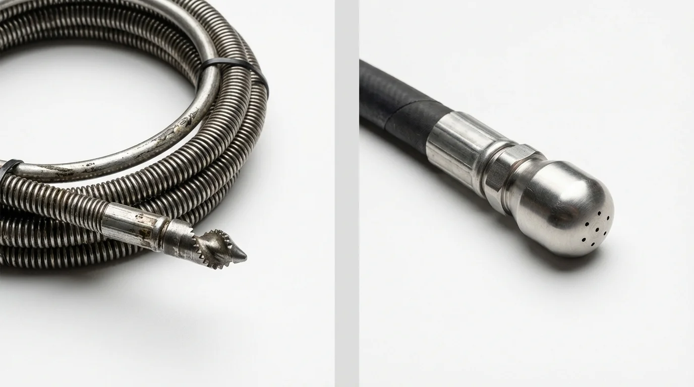 Drain snake cable and hydro jetting nozzle used for drain cleaning in Vinton, IA