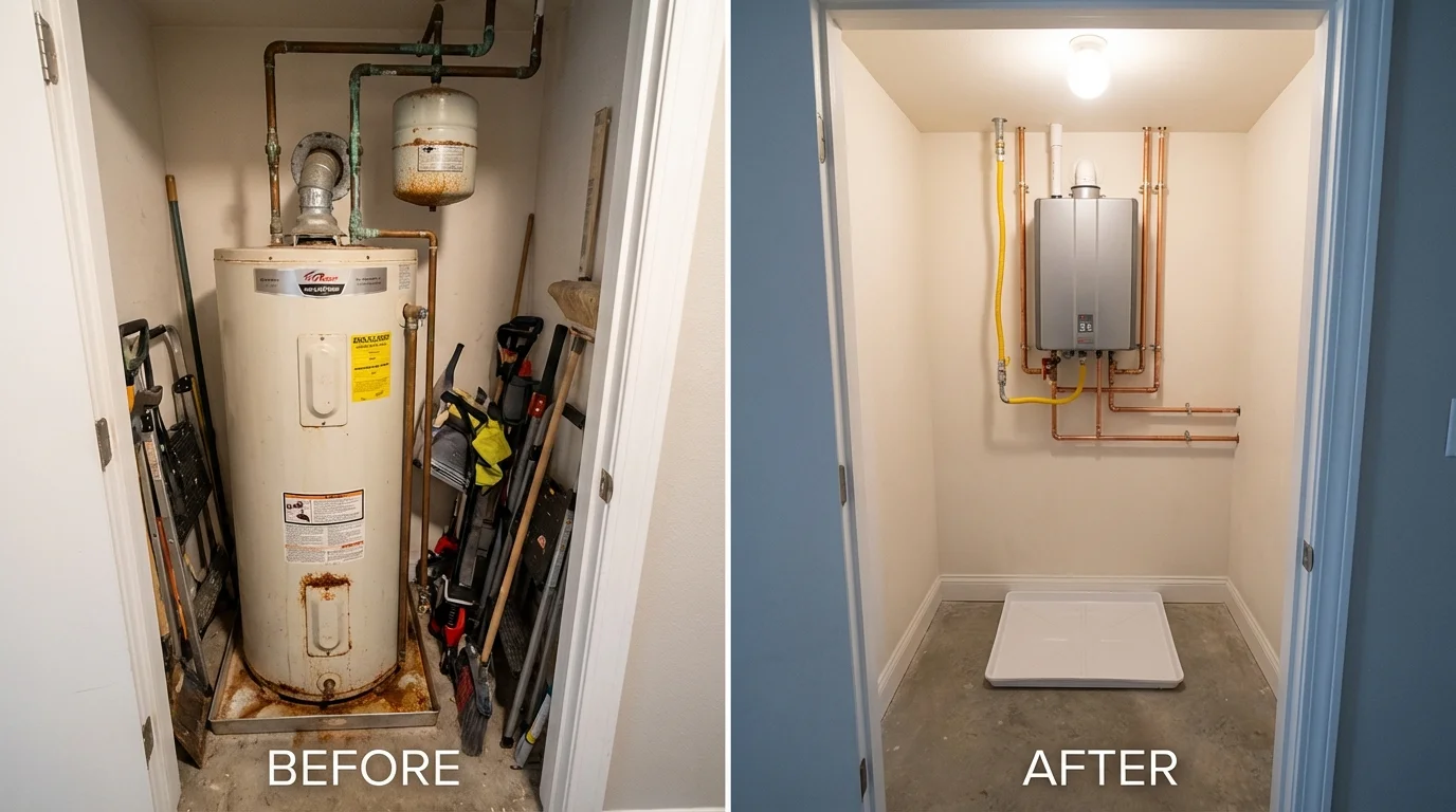 Tank water heater versus wall-mounted tankless unit comparison for Vinton, IA homeowners
