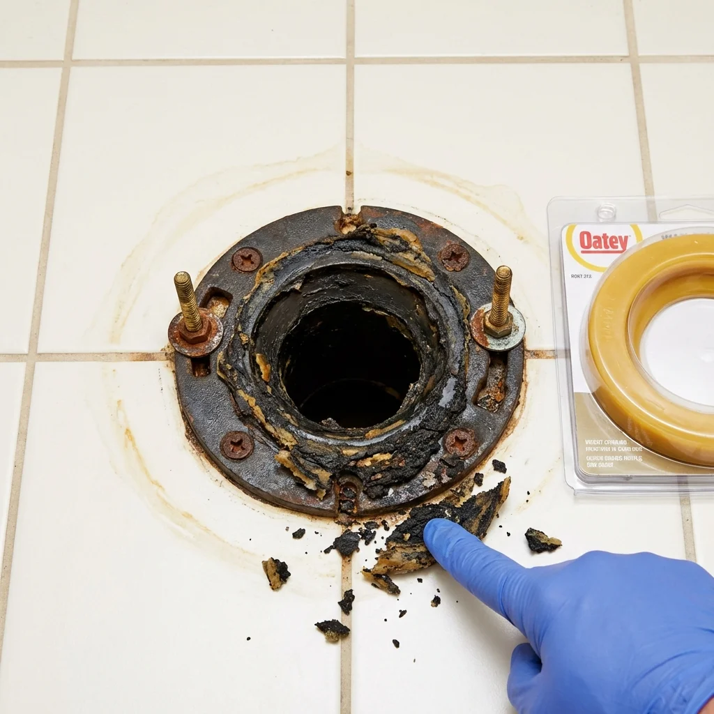 Failed wax ring showing water seepage at the base of a toilet in a Vinton, IA home