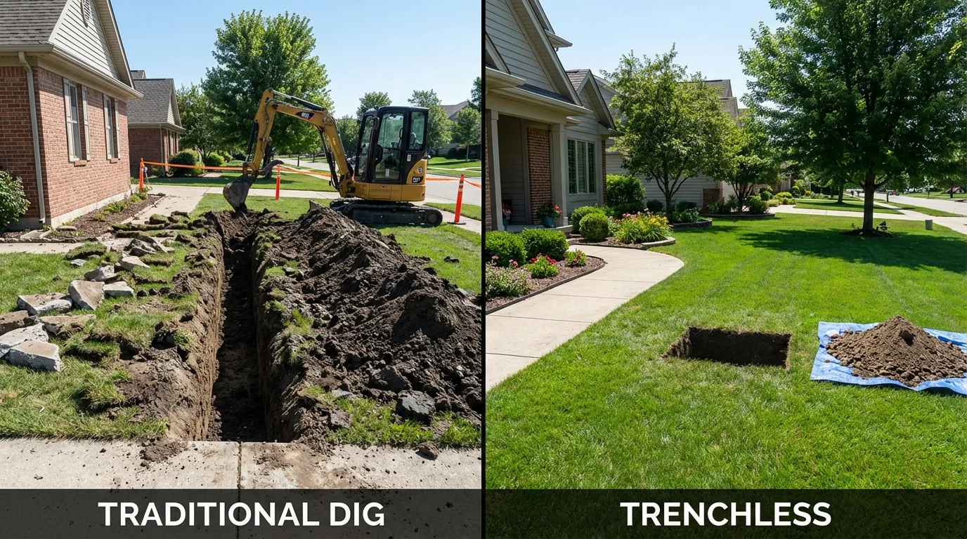 Trenchless sewer repair with minimal yard damage versus traditional excavation in Vinton, IA