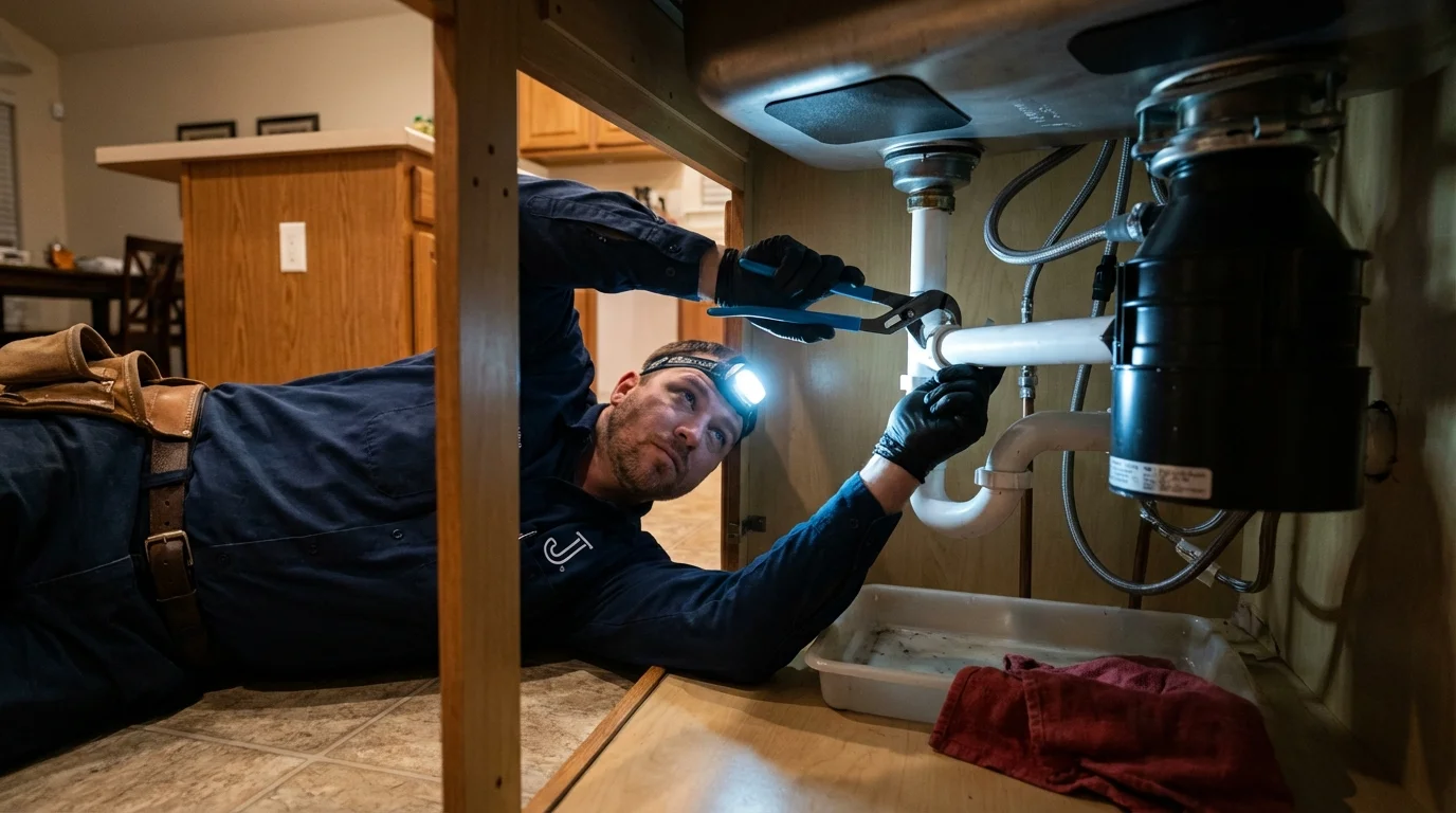 P-trap and supply line connections under a kitchen sink showing a common leak point in Vinton, IA